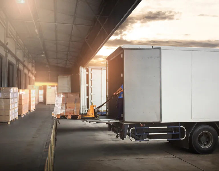 Paletten mit verpackten Waren werden mithilfe einer Ameise in einen weißen LKW an einer Verladerampe geschoben, weitere Paletten stapeln sich im Hintergrund.